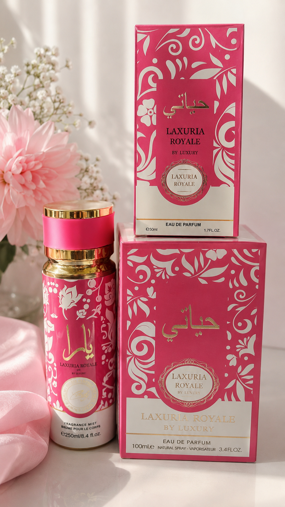 Lot petit prix yara candy de luxury contenant une eau de parfum en 100 ml, une brume en 250 ml et une eau de parfum en 50 ml
