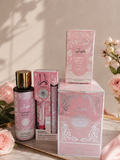 Lot petit prix yara rose de luxury contenant une brume en 250 ml, une eau de parfum en 100 ml et une en 50 ml et un coffret ( crème pour les mains et eau de toilette en 35 ml), pour femme