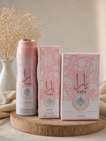 lot yara rose de lattafa contenant une eau de parfum en 100 ml, une brume parfum en 150 ml et un déodorant en 200 ml, pour femme