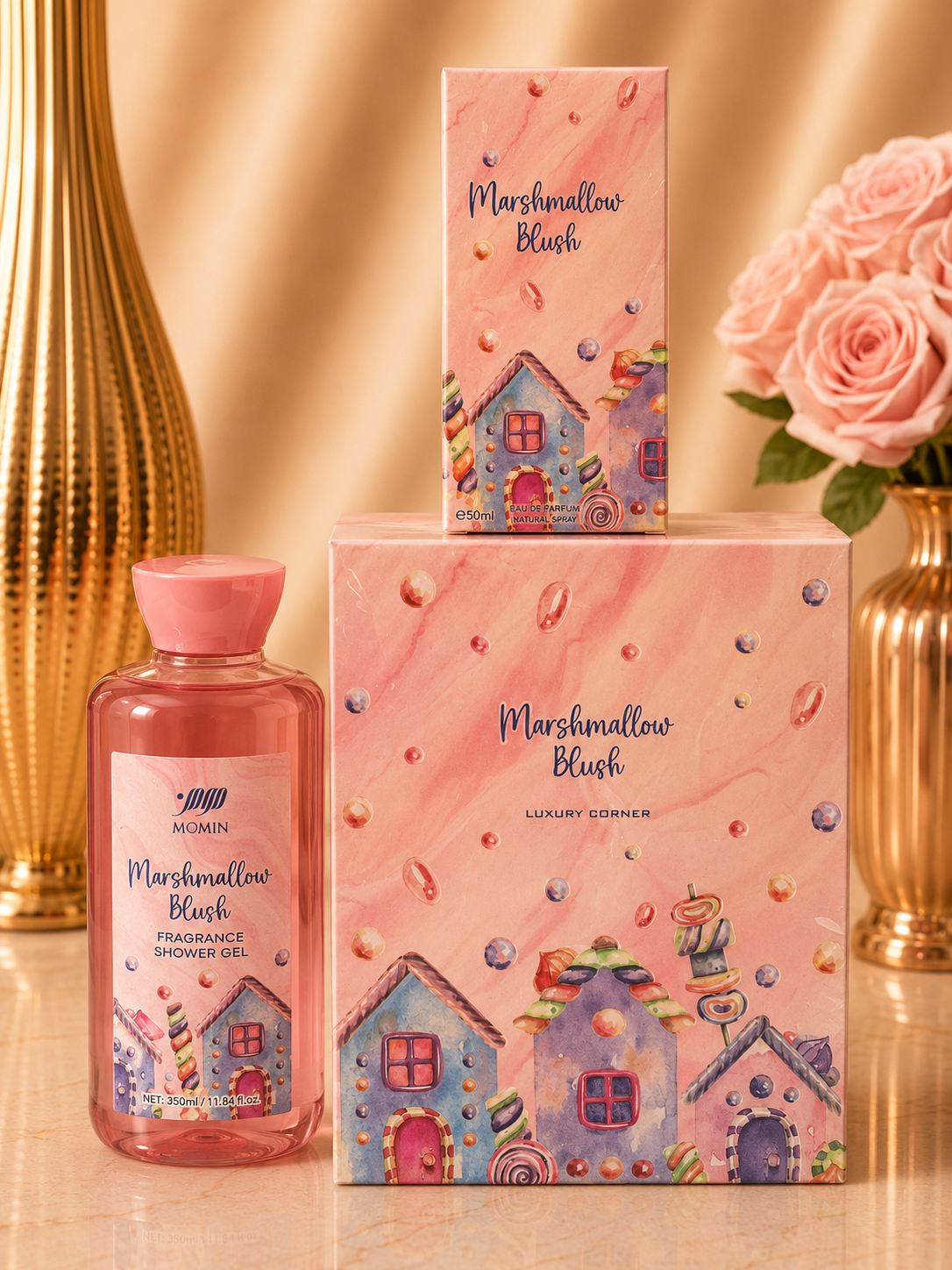 Lot marshmallow blush comprenant une eau de parfum en 100 ml de luxury, un gel douche en 350 ml et une eau de parfum en 50 ml, pour femme