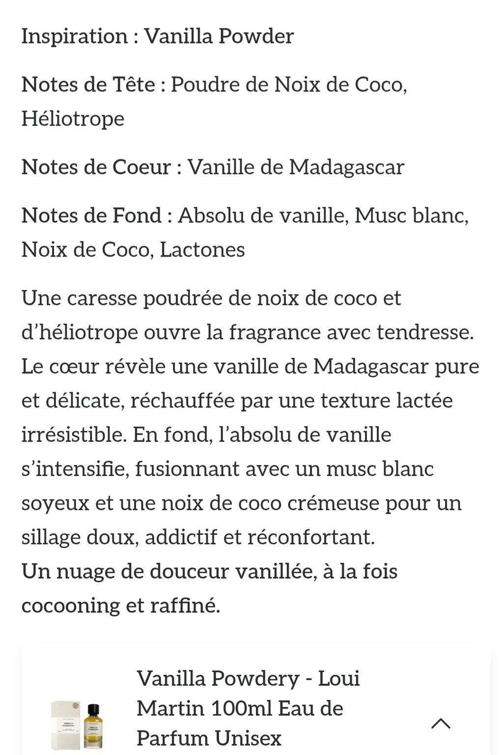 Eau de parfum vanilla powdery de loui martin, flacon en 100 ml, mixte