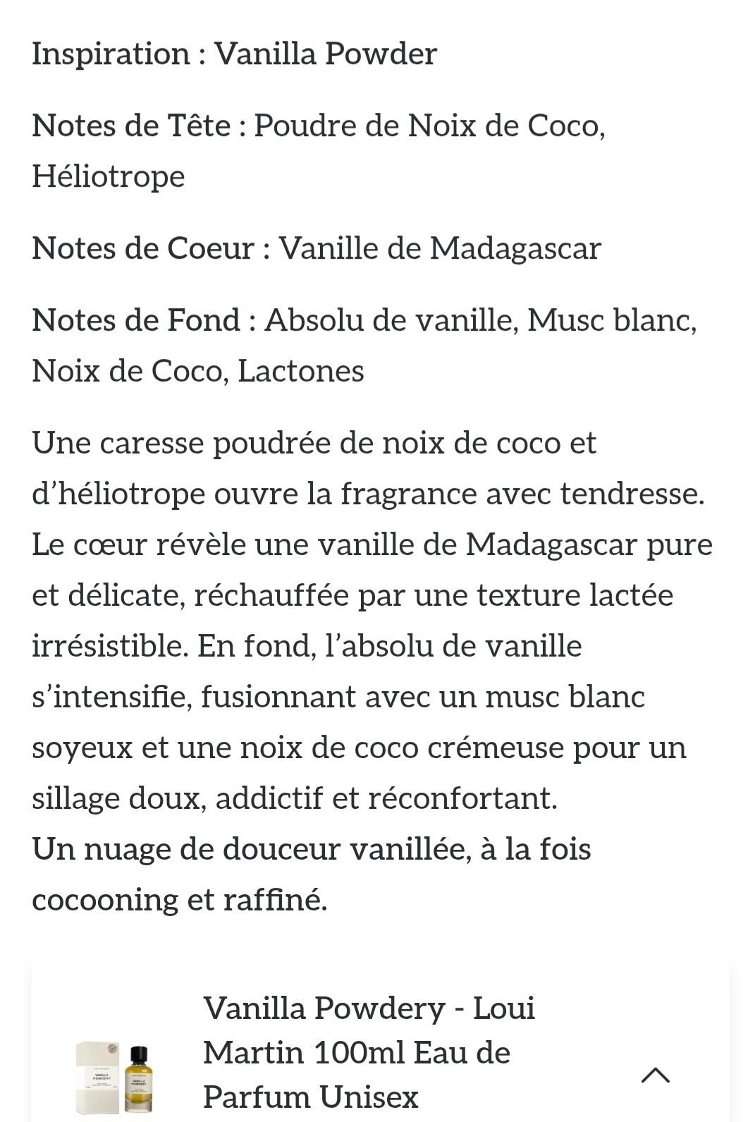 Eau de parfum vanilla powdery de loui martin, flacon en 100 ml, mixte