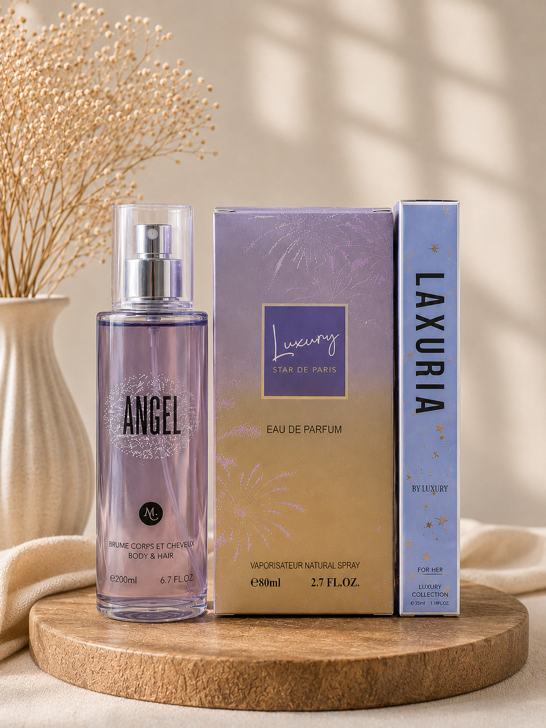 Lot petit prix dupe du parfum angel de Thierry M contenant une brume en 200 ml, une eau de parfum en 80 ml et une eau de parfum en 35 ml de Luxury, pour femme