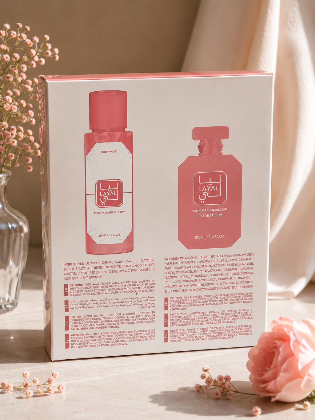 Coffret layali pink marshmallow  (dupe de Kayali) contenant une eau de parfum en 100 ml et une brume en 250 ml, pour femme