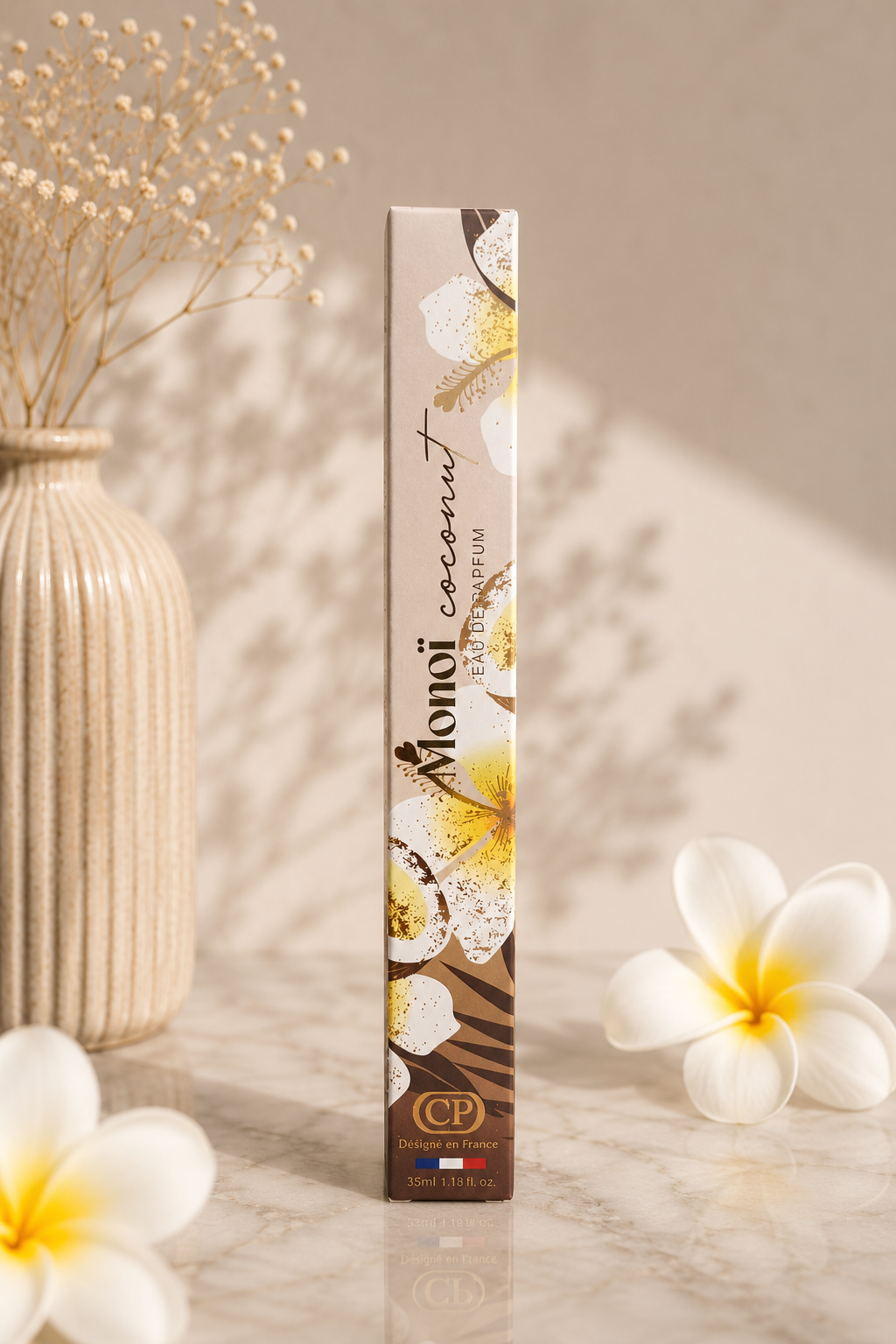 Eau de parfum monoï coconut de collection platinium paris, flacon en 35 ml, parfum de poche