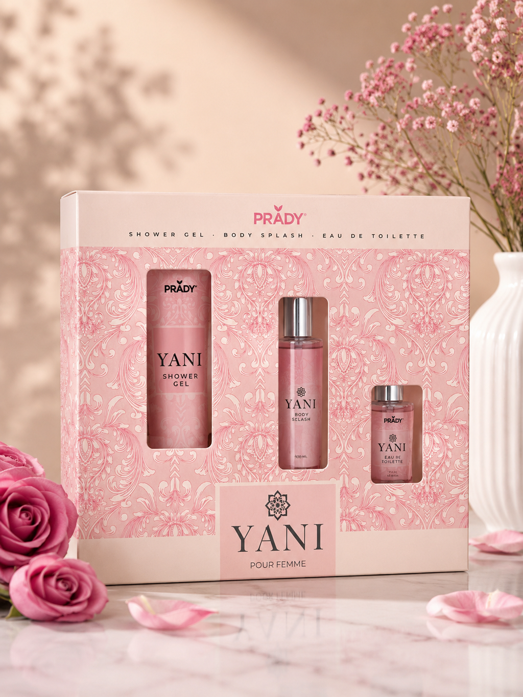 Coffret yara rose de prady contenant un gel douche en 100 ml, une brume en 75 ml et une eau de toilette en 50 ml, pour femme