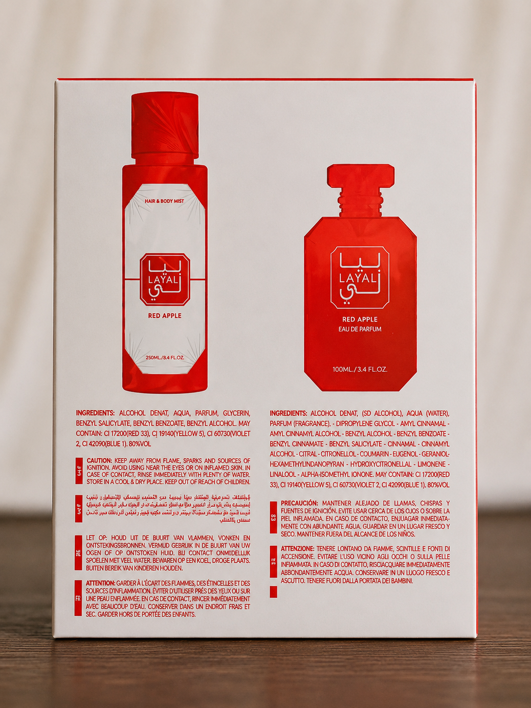Coffret layali red apple (dupe de Kayali) contenant une eau de parfum en 100 ml et une brume en 250 ml, pour femme
